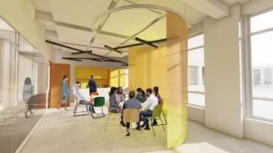 3D-Büroinnenraum-Rendering, das einen gemeinschaftlichen Pausenraum mit Betonboden, modularen Decken-Akustikplatten, einer gelben Küchenzeile und einem halbtransparenten, kreisförmigen Zonierungselement zeigt