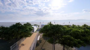 Architektonische Visualisierung aus der Vogelperspektive, que einen länglichen Wohnpavillon mit Dachterrasse eingebettet in Bäume zeigt, mit Blick auf das Meer und Segelboote.