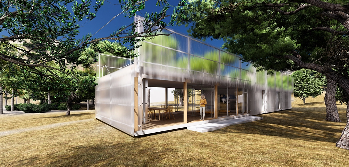 DE_United-Architektur-Case-Study-House-II-Greece-Perspective-Garden-1 Architektonische 3D-Visualisierung des modernen Pavillons, de die gesamte Länge seiner transluzenten Polycarbonat-Fassade unter klarem blauem Himmel zeigt.