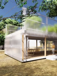 Architektonische 3D-Visualisierung eines modernen Wohnpavillons mit gewellten, transluzenten Polycarbonat-Fassaden, einem Essbereich auf einem Holzdeck und umgebenden Olivenbäumen.
