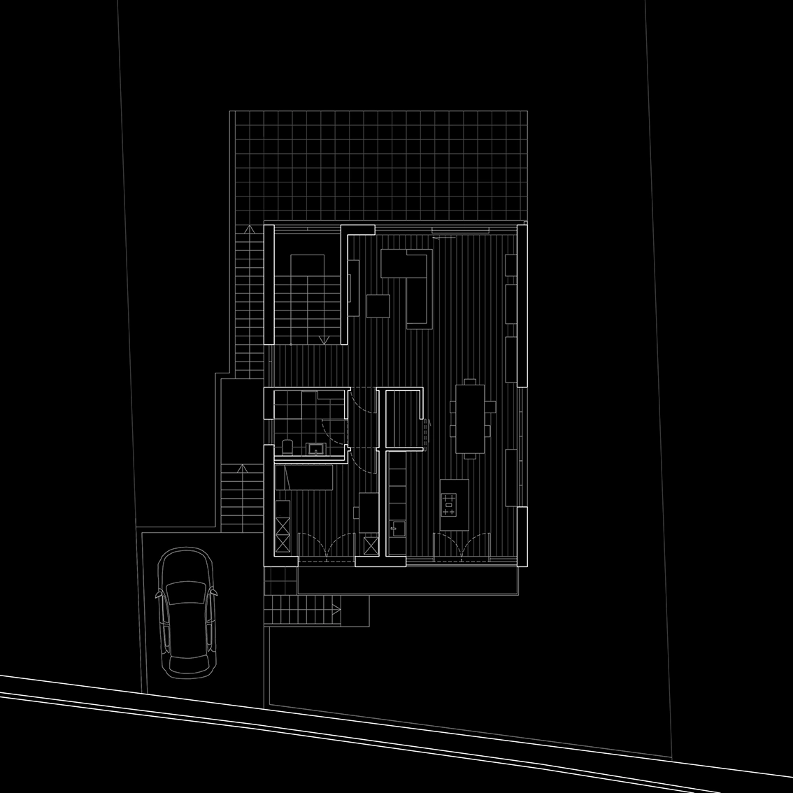 DE_United-Architektur-Haus-F-Erdgeschoss-NewVersion Architektonischer Grundriss als technische Zeichnung auf schwarzem Hintergrund, de die Raumaufteilung, Möblierung, das Terrassenraster und einen Pkw-Stellplatz zeigt.