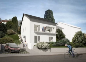 Moderne architektonische 3D-Visualisierung eines zweistöckigen weißen Wohnhauses an einem grünen Südhang, mit einem Betonbalkon und einer minimalistischen Hauseinfahrt.