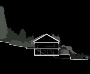 Architektonischer Querschnitt als Diagramm, das ein zweistöckiges Wohnhaus integriert in ein abfallendes Hanggelände umgeben von Bäumen zeigt.