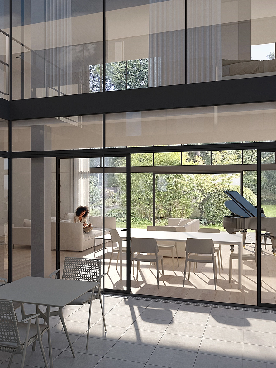 Architektonische Visualisierung einer doppelt hohen Glasfassade mit Blick em einen minimalistischen Wohnbereich com Esstisch, Flügel und Blick em den Garten.