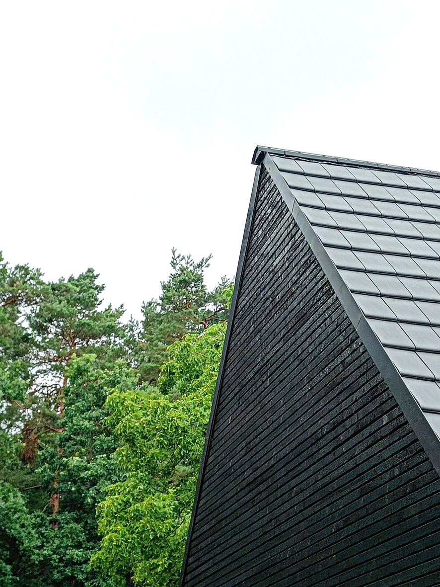 Architectural detail of a modern gabled roof with dark tiles and a charred timber facade (Shou Sugi Ban) set against a forest background.