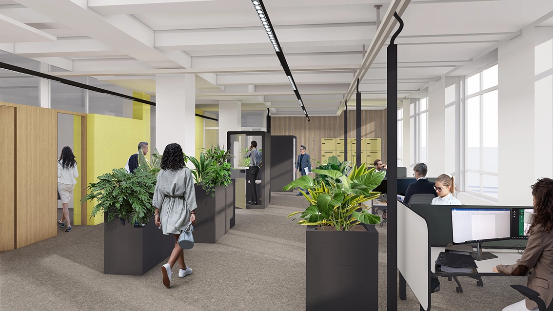 EN_BMJ Render Arbeitsbereich FINAL Modern open-plan office interior design rendering, showcasing integrated workstation desks, large charcoal-colored planter boxes with lush green plants, and private phone booths.