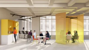 High-end architectural rendering of a corporate break area, displaying a minimalist yellow kitchen hub, multiple dining tables, and a curved yellow partition under soft track lighting.