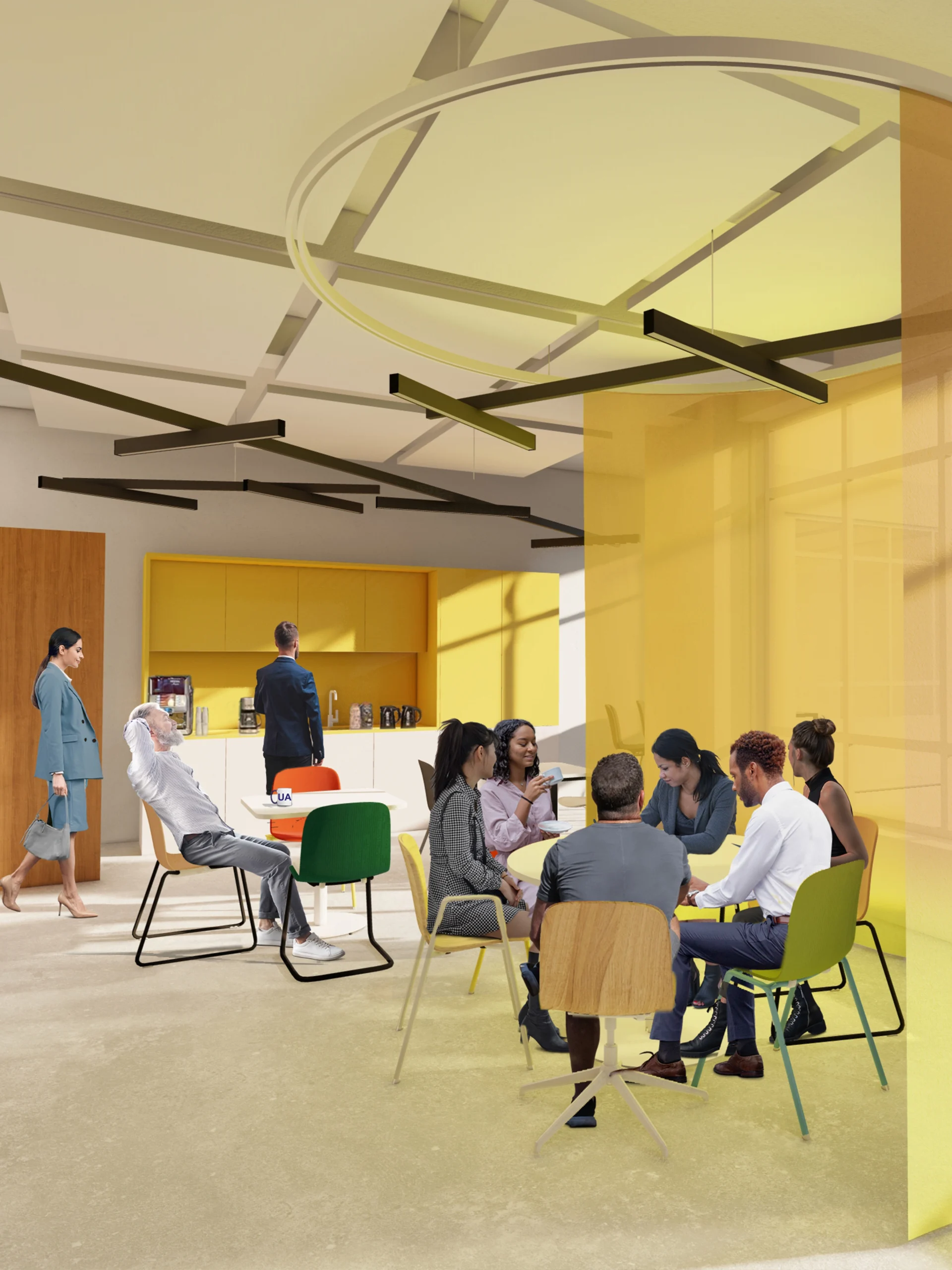 architectural rendering of a modern office cafeteria and lounge area, featuring a yellow kitchenette, colorful chairs, and a curved semi-transparent yellow room divider.
