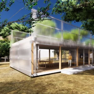 Close-up 3D architectural rendering of the modern residential pavilion, highlighting the intersection of timber columns and translucent polycarbonate cladding next to an outdoor dining deck.