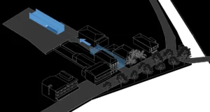Technical axonometric diagram on a black background, showcasing the long building volume highlighted in blue and its spatial integration within the existing neighborhood context.