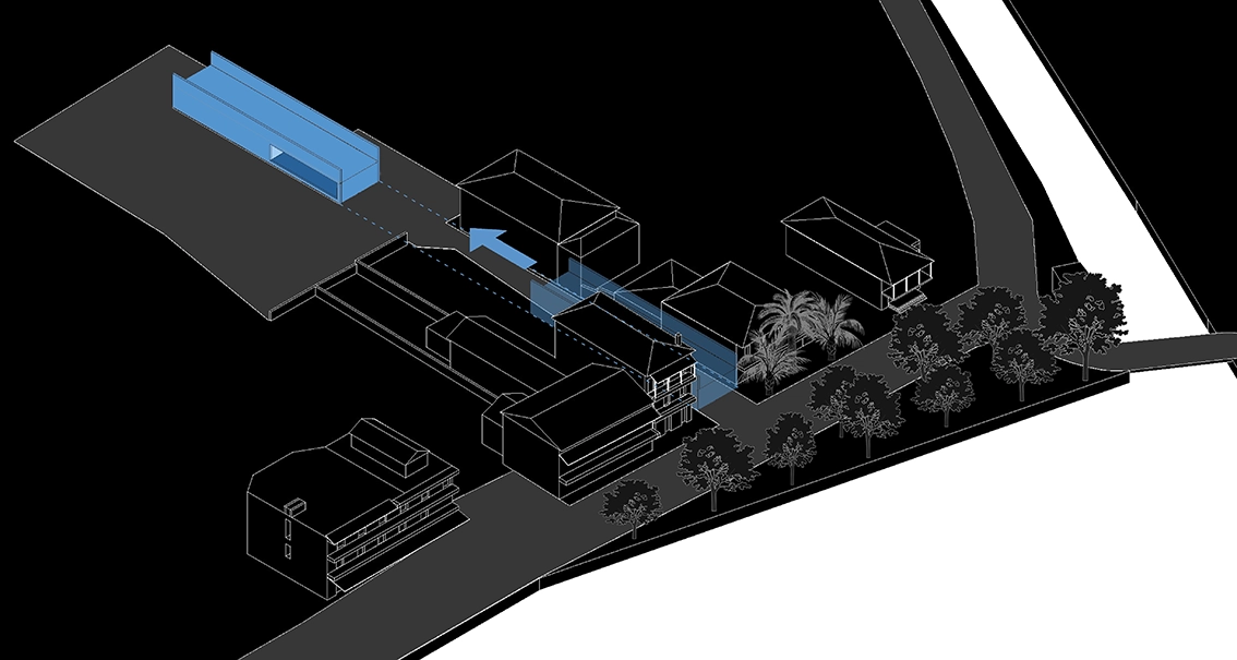 EN_United-Architektur-Case-Study-House-II-Greece-Isometric Technical axonometric diagram on a black background, showcasing the long building volume highlighted in blue and its spatial integration within the existing neighborhood context.