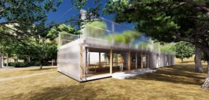 3D architectural rendering of the modern pavilion showcasing the full length of its translucent polycarbonate facade under a clear blue sky.
