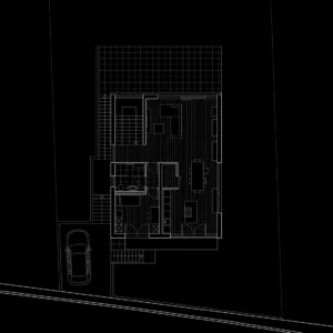 Architectural floor plan drawing on a black background, showing the residential layout, furniture placement, terrace grid, and an outdoor parking space.