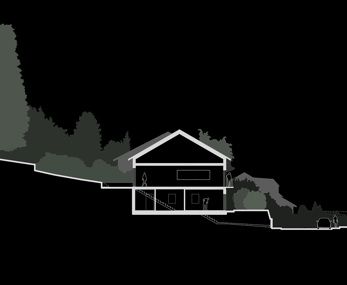 EN_United-Architektur-Haus-F-Schnitt01 Architectural cross-section diagram showing a two-story residential house integrated into a sloped hillside terrain surrounded by trees.