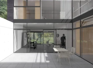 Modern courtyard rendering showing a ground floor home gym equipped with workout machines, viewed through large structural glass panes.