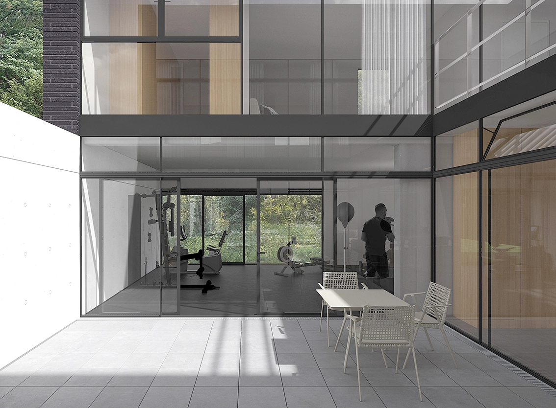 EN_United-Architektur-Haus-at-the-Park-Innenhof-Fitnes Modern courtyard rendering showing a ground floor home gym equipped with workout machines, viewed through large structural glass panes.