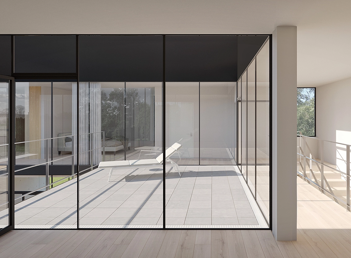 EN_United-Architektur-Haus-at-the-Park-Terrasse-Flur Upper floor architectural rendering showcasing an internal terrace with grey floor tiles and a minimalist lounge chair, viewed through expansive glass partitioning.