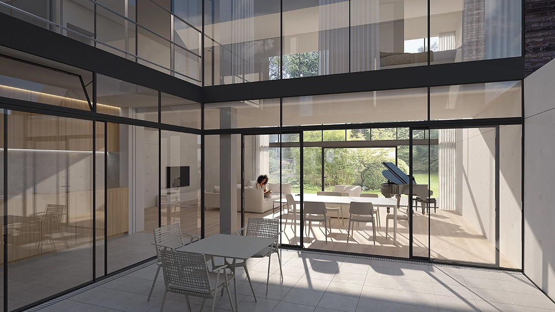EN_United-Architektur-Haus-at-the-Park_Wohnen Küche-v2 3D architectural rendering of an internal paved courtyard framed by black aluminum glass facades, showing an integrated kitchen and living room with a grand piano.