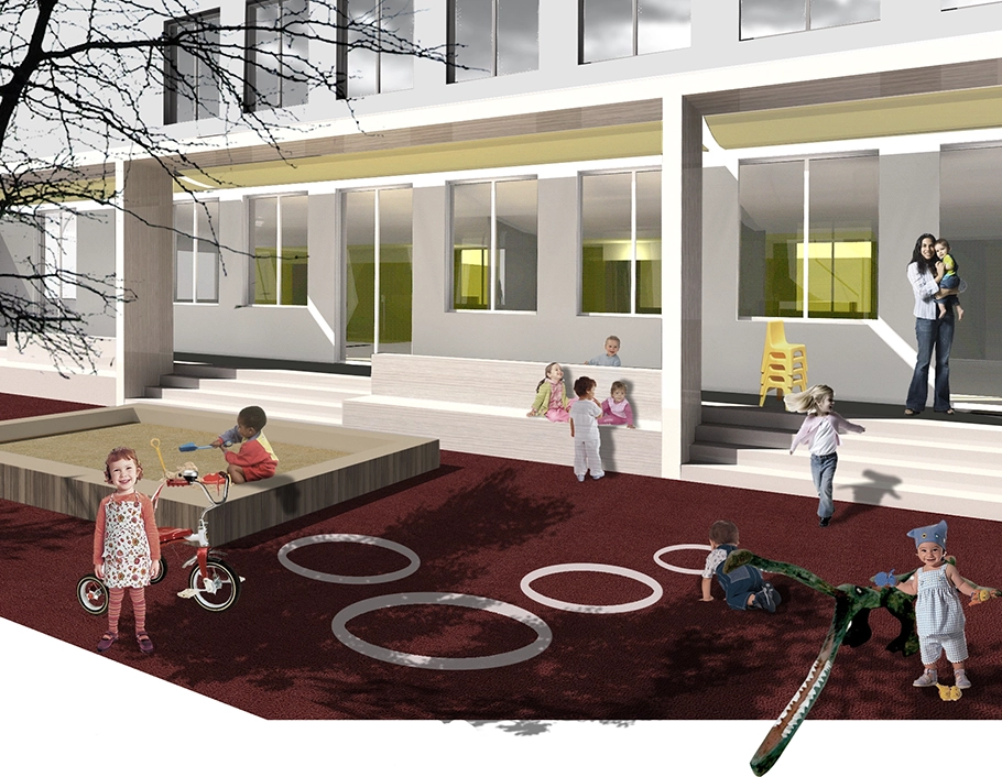 EN_United-Architektur-Haus-des-Kindes-Nursery-school-Collage Architectural rendering of a vibrant daycare outdoor playground featuring children playing in a sandbox, riding a tricycle, and gathering on low concrete seating blocks in front of the modern building facade.