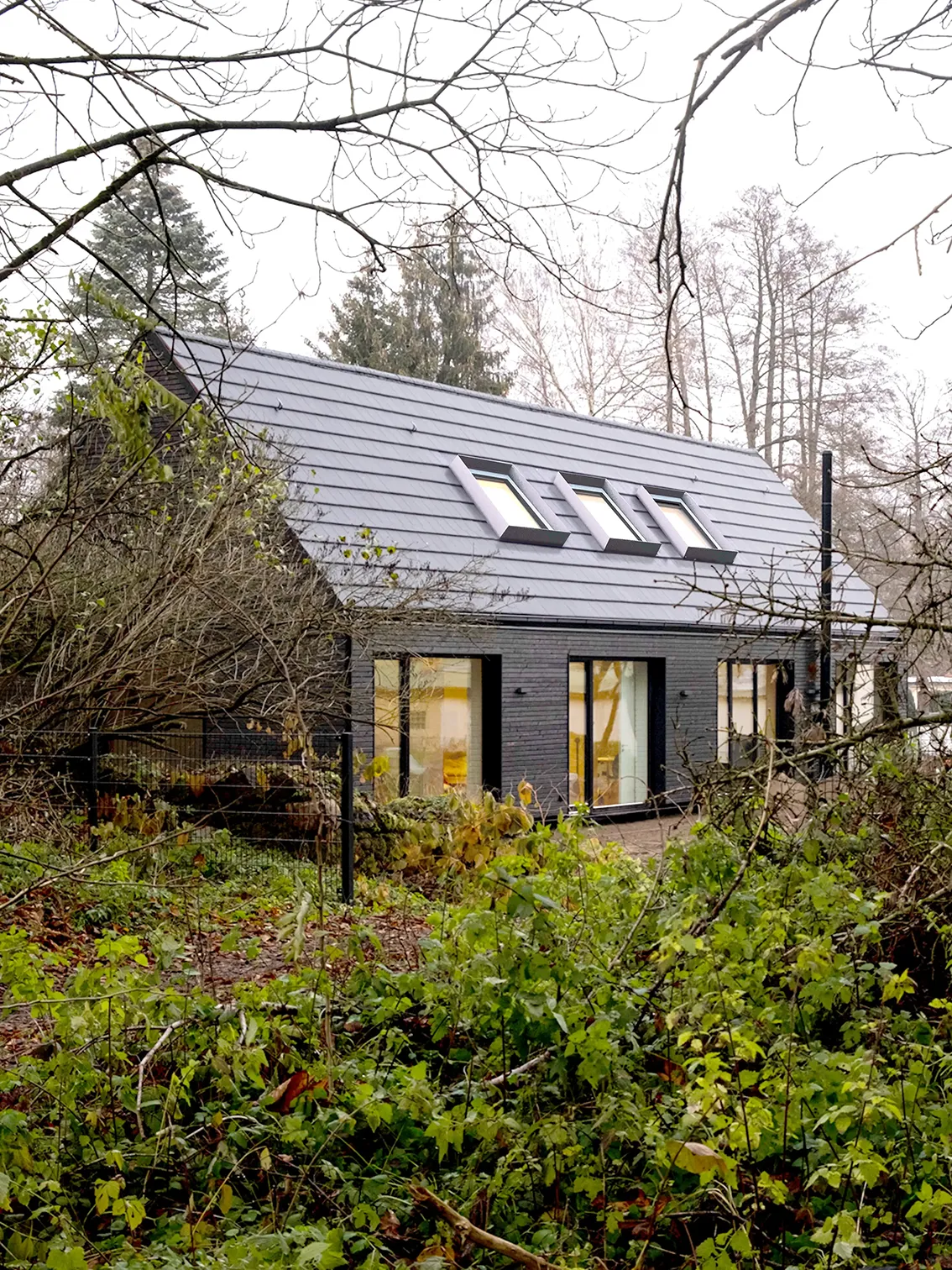 EN_United-Architektur-House-Uckermark-Lakes-Nature-Park-Garden-View Modern residential house integrated into a natural forest landscape, featuring a dark brick ground floor, large windows, and three skylights on a steep gabled roof.