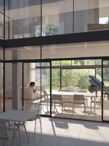 Architectural rendering of a double height glass facade looking into a minimalist living area with a dining table, grand piano, and garden views.