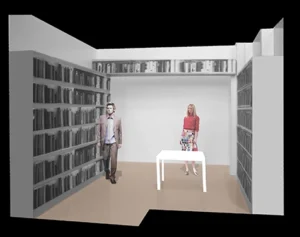 3D interior design model rendering showcasing a spatial layout study for a law firm library with floor-to-ceiling bookshelves and a central white table.