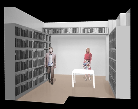 EN_United-Architektur-Kanzlei-Meyer-Köring-Berlin-Umbau-Möbel-Bibliothek 3D interior design model rendering showcasing a spatial layout study for a law firm library with floor-to-ceiling bookshelves and a central white table.