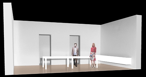 EN_United-Architektur-Kanzlei-Meyer-Köring-Berlin-Umbau-Möbel-Konfrenzraum 3D architectural model rendering on a black background, showing a minimalist white room study with two doorways, a long table, and scale figures.