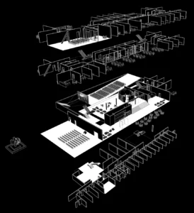 3D architectural exploded axonometric diagram on a black background, detailing the structural layers, interior spatial programming, and layouts of the multi-story building.