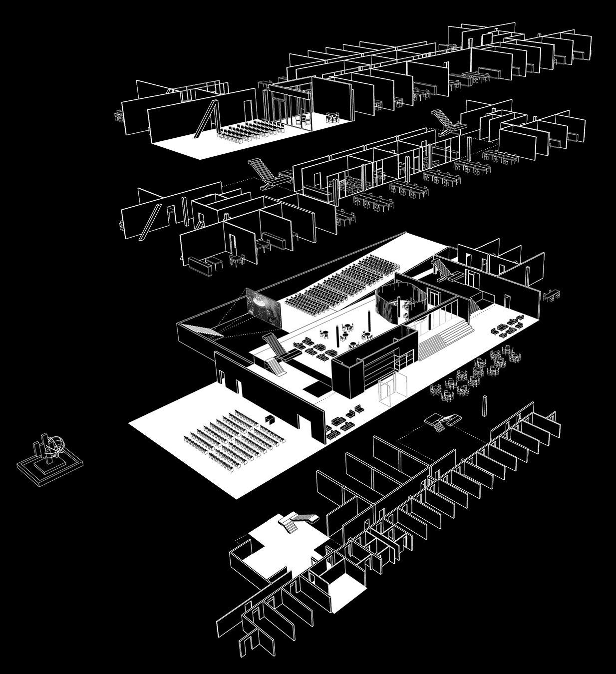 3D architectural exploded axonometric diagram on a black background, detailing the structural layers, interior spatial programming, and layouts of the multi-story building.