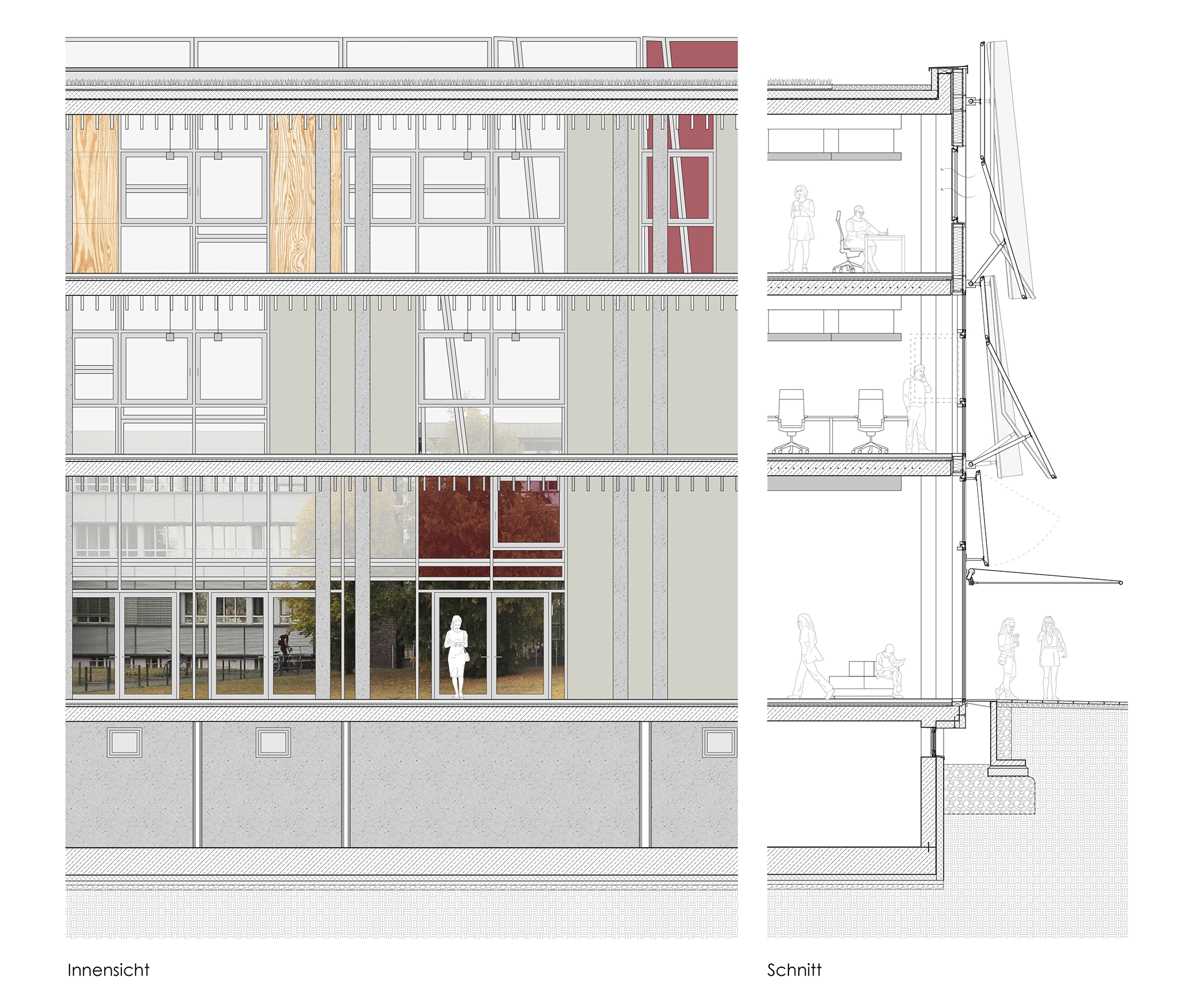 Architectural drawing combining an interior elevation and a detailed building cross-section, illustrating how the dynamic external shading louvers attach to the multi-story concrete slab structure.