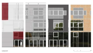 Architectural elevation drawing showing four modular bay studies of the building envelope, highlighting various cladding panel types, glazing options, and integrated mechanical textile shades.