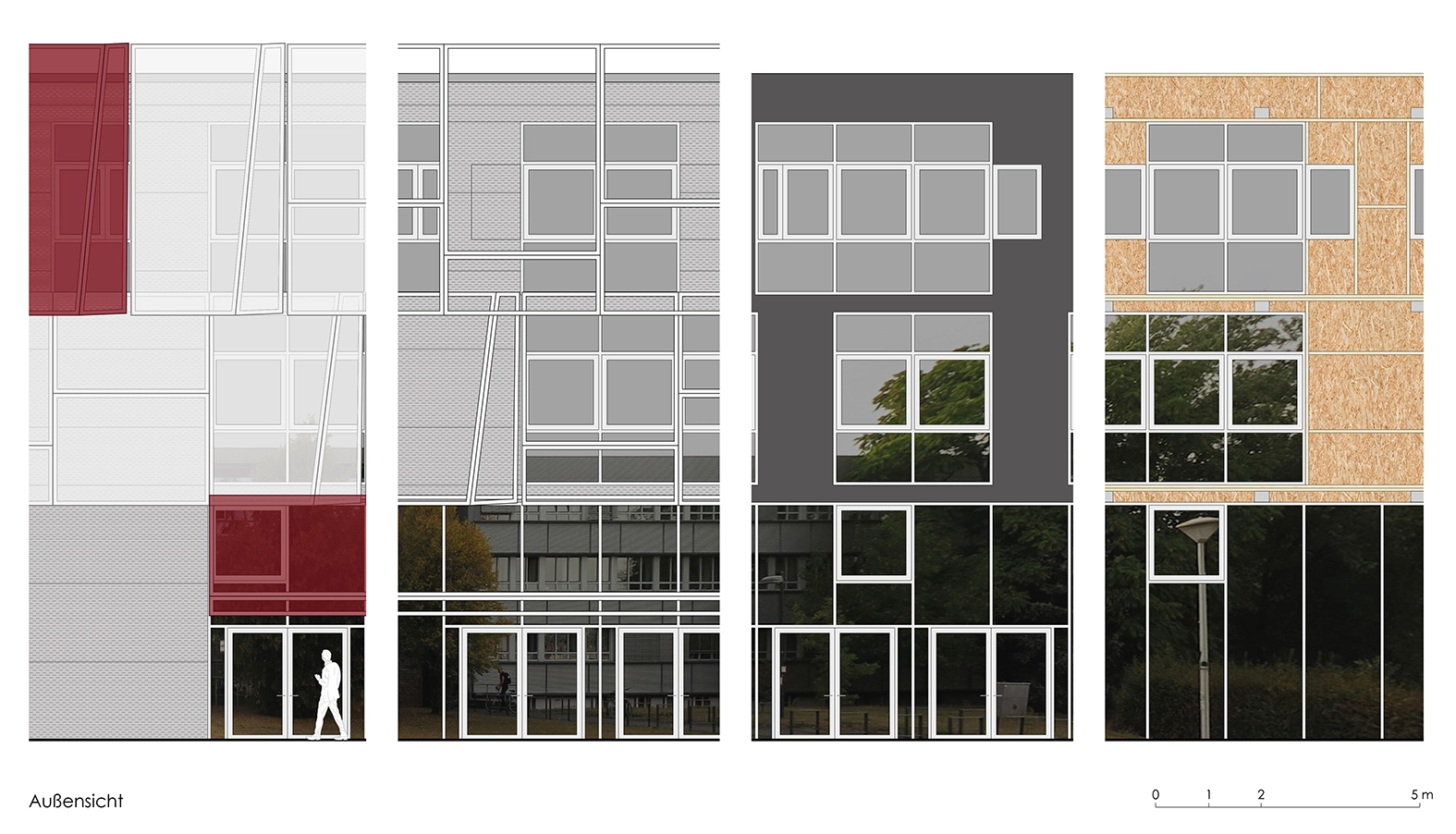Architectural elevation drawing showing four modular bay studies of the building envelope, highlighting various cladding panel types, glazing options, and integrated mechanical textile shades.
